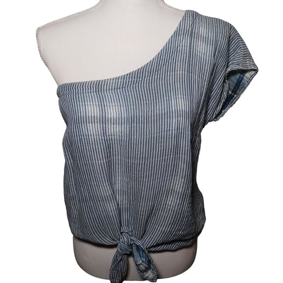Bella Dahl One-Shoulder Tie Front Blue/White Striped Cotton Blouse S - Picture 6 of 12
